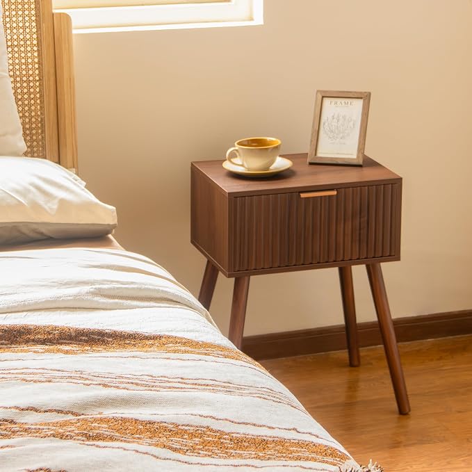 AWASEN Night Stand, Small End Tables Living Room, Mid Century Modern Nightstand Accent Bedside Table with Fluted Drawer for Bedroom and Small Space, Walnut Brown