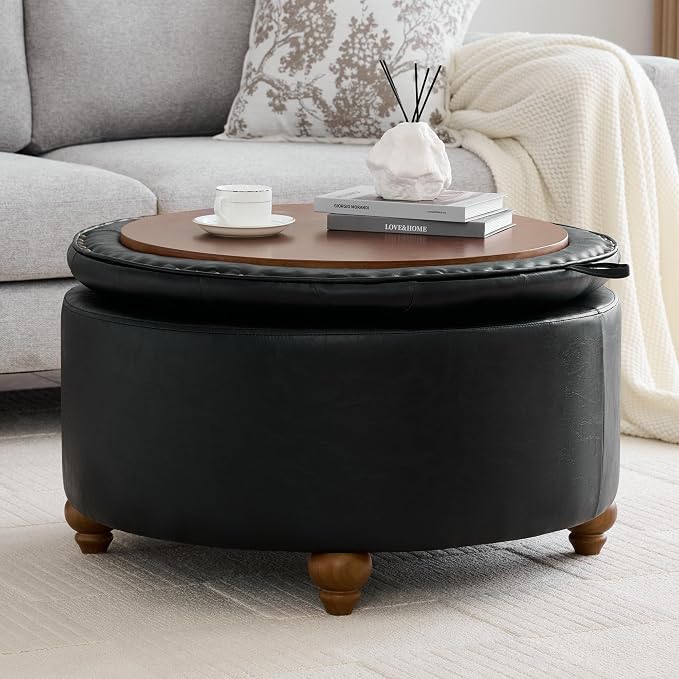 WUTUTUEE 30Inch Round Storage Ottoman with Tray, Modern Tufted Leather Circle Coffee Table with Storage, Upholstered Ottoman with Removable Top for Living Room, Bedroom, Leather Black