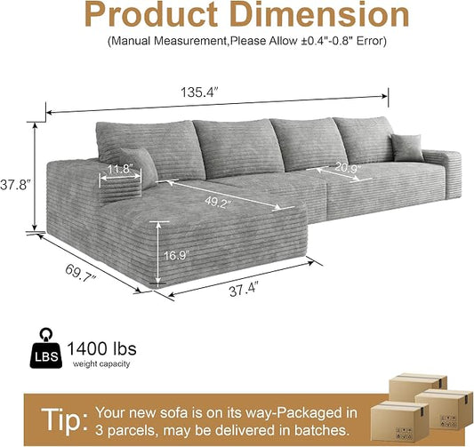 AUGOP 136" Sectional Couches for Living Room Modern Modular Sofa with L-Shape Couchs Upholstered Boneless Couch Deep Seat Sectional Couch with Chaise (Grey, Left Facing Chaise+3Seaters)