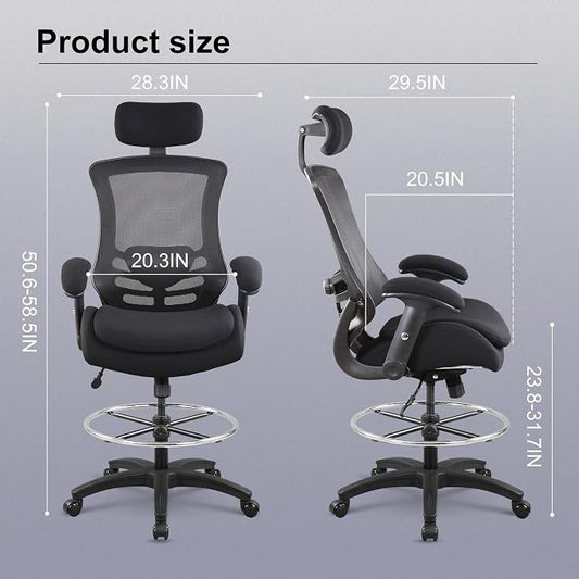 BOLISS 400lbs Ergonomic Drafting Chair,Tall Office Mesh Chair, Standing Desk Chair,Height Adjustable Armrest and Flip up Arms, Adjustable Lumbar Cushion (Black Frame Black Mesh)
