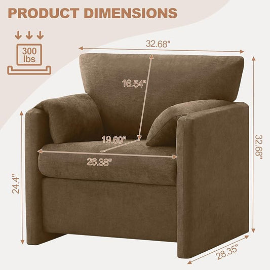 Oversized Accent Chair for Living Room, 32.68" Large Modern Armchair with Deep Seat, Mid-Century Comfy Reading Chair with Padded Arms, Chenille Single Sofa Chairs for Bedroom, Dark Brown