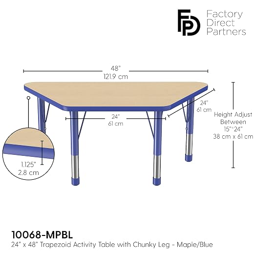 FDP Trapezoid Activity School and Classroom Kids Table (24 x 48 inch), Chunky Toddler Legs for Collaborative Seating Environments, Adjustable Height 15-24 inches - Maple Top and Blue Edge