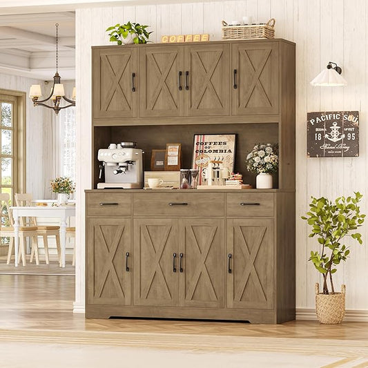 HOSTACK 71" Tall Pantry Cabinet with Charging Station, 55" Wide Kitchen Pantry Storage Cabinet with Countertop, Large Kitchen Hutch with Storage and Microwave Stand for Dining Room, Rustic Brown