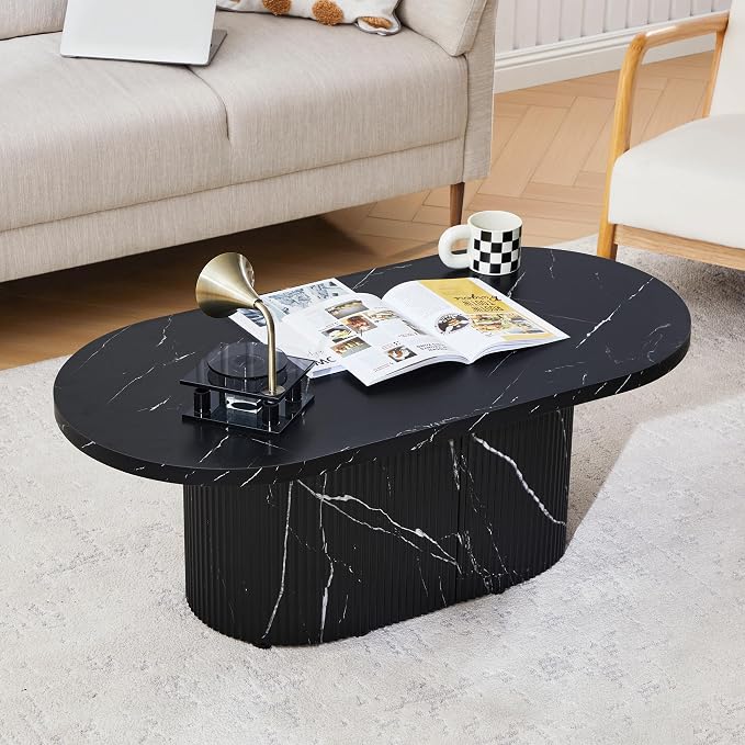 Oval Coffee Table, Modern Faux Marble Wood Coffee Table, Small Fluted Center Tea Table for Living Room, Black