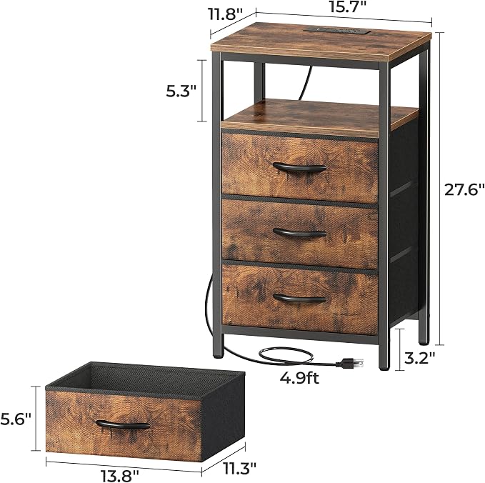 Huuger Nightstand with Charging Station, 27.6 Inch Bedside Table with Fabric Drawers, End Table with USB Ports and Outlets, Night Stand for Bedroom, Rustic Brown