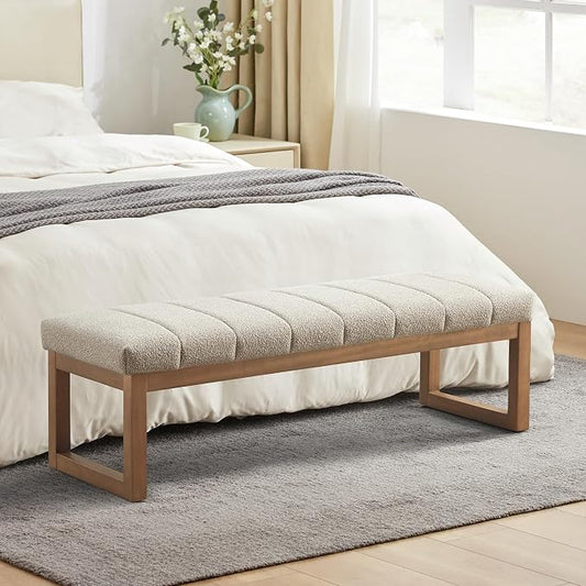 Zihanhome 52.7" Bedroom Bench for End of Bed, Modern Upholstered Teddy Fabric Entryway Bench & Dining Bench, Footrest Stool Bench with Solid Wood Frame for Bedroom, Living Room (Camel)