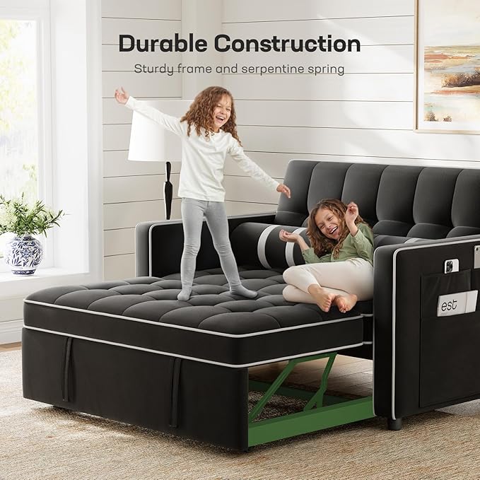 Marsail 3-in-1 Convertible Futon Sleeper Sofa Bed, Pull Out Couch with Adjustable Backrest, USB Charging & Side Pockets, Velvet Fabric Sofa for Living Room, Apartment, Loveseat, Dark Black