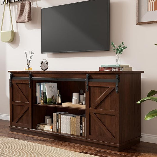 YESHOMY TV Stand for Televisions up to 65 Inches, with Sliding Barn Doors and Storage Cabinets, Console Table and Media Furniture for Living Room, 58 Inch, Espresso