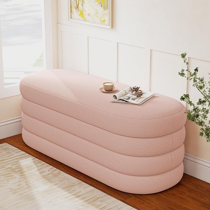 Busaurus Storage Ottoman Bench 49.2 Inch Upholstered Fabric Storage Bench for Bedroom End of Bed Aesthetic Large Oval Ottoman for Living Room Entryway (Pink)