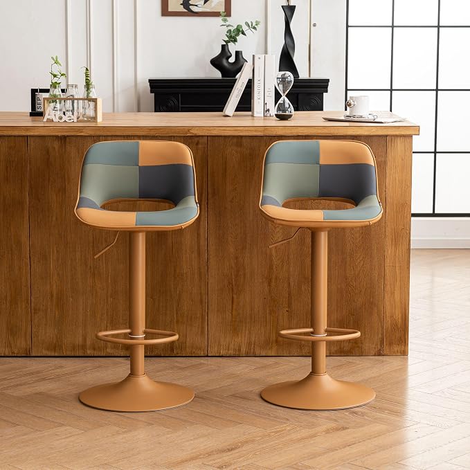 YOUNIKE Bar Stools Set of 2, Boho Colorful Patchwork Barstools, Adjustable Swivel Counter Height Bar Stool Faux Leather Upholstered Barstool with Back, Compact Bar Chair for Kitchen Island, TanGreen