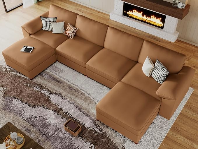 EASE MOOSE Leather Sectional Couch, Oversized Modular Sectional Sofas, Wide Deep Seat Modern Modular Couch, Scratch Resistant Faux Leather Material, U Shaped Sofa for Big Spaces, Brown