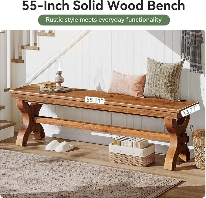 Solid Wood Entryway Bench, 55-Inch Farmhouse Indoor Bench, Narrow Hallway Seat for Living Room, Bedroom (1, Brown)
