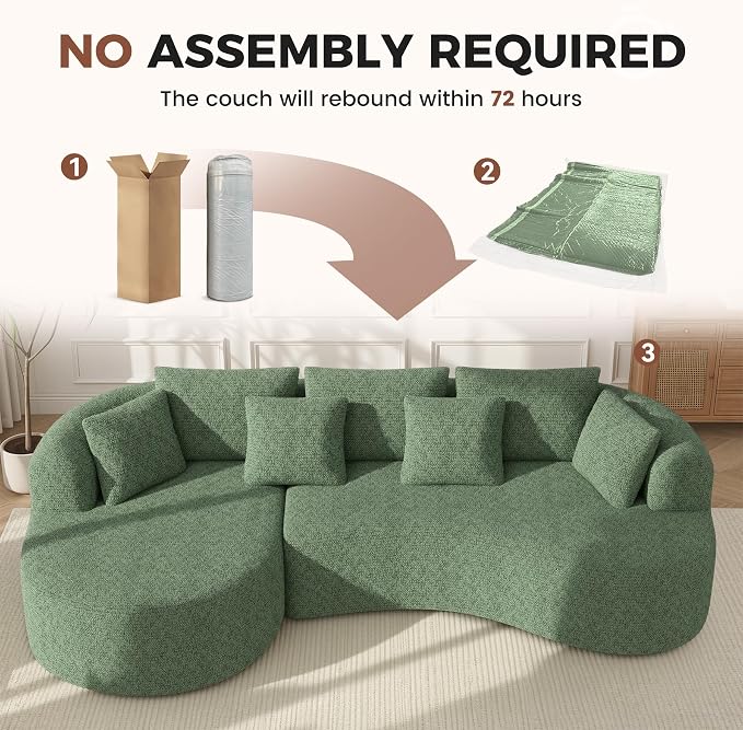 Luxanimarion 124" Curved Modular Sectional Sofa Oversized, L-Shape Boneless Couches for Living Room with Deep Seat and 7 Pillows, High-Density Memory Foam, Green Chenille Fabric, No Assembly Required
