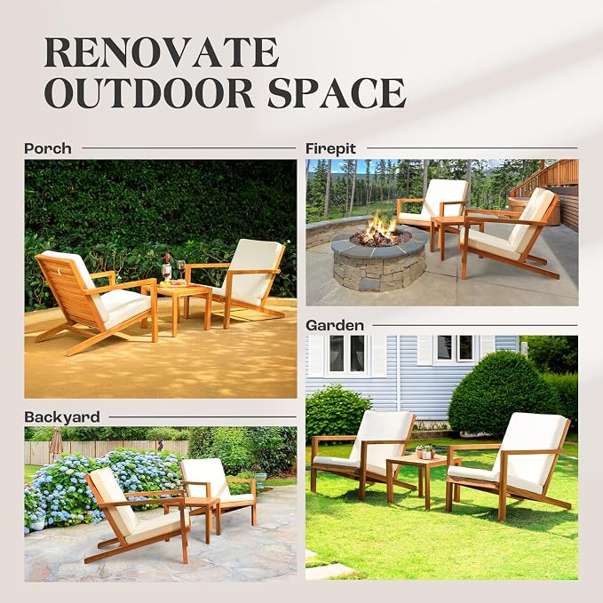 IDZO Natural 3-Piece Patio Bistro Sets with Foldable 400lbs Weight Chairs, a 220lbs Shelf Table, Made from FSC-Certified Acacia Wood, Featuring Washable Cushions and an Ergonomic Design