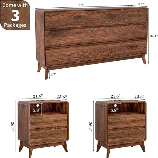3-Piece Farmhouse Bedroom Storage Set, 9-Drawer Dresser & Nightstands Set of 2 with Charging Station, Handle-Less Design, Rounded Corners, Anti-Tip Safety Furniture, Walnut