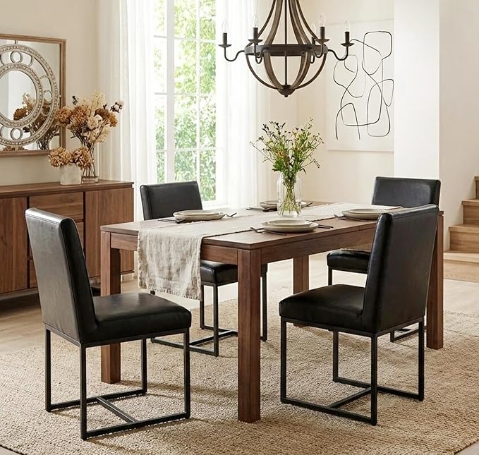 VESCASA Faux Leather Upholstered Dining Chairs with Black Metal Frame, Mid Century Modern Padded Kitchen Chair with Adjustable Foot Pads for Restaurant, Dining Room, Set of 2, Black