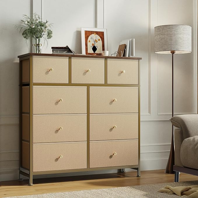 OLIXIS 9 Drawer Storage Dresser with Wood Top - Wide Fabric Chest Organizer for Bedroom, Closet, Living Room,Tower Cabinet, TV Stand, Hallway Entryway Furniture,Khaki