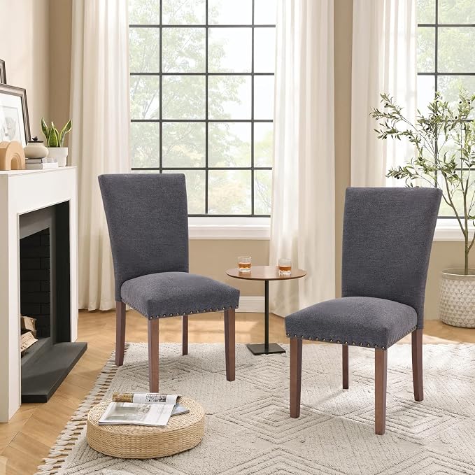 Parsons Dining Chairs Set of 4, Upholstered Nailhead Dining Room Kitchen Side Chair with Thick Cushions and Wood Legs, Dark Grey