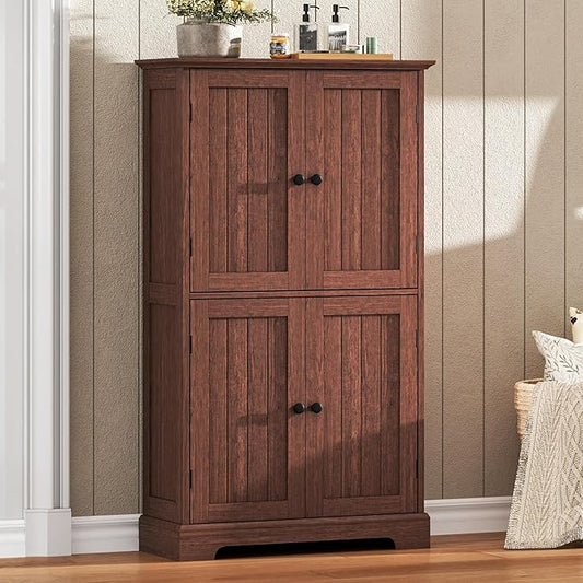 ChooChoo Bathroom Floor Cabinet, Farmhouse Bathroom Storage Cabinet with 4 Doors and Adjustable Shelves, Pantry Cabinet for Living Room, Kitchen, Walnut