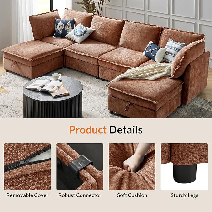 HULALA HOME 127'' Modular Sectional Sofa, Oversized U Shaped Couch with Storage Ottoman, Comfy Chenille Sofa with Deep Seat, 6 Seat Convertible Couches for Living Room, Burnt Orange