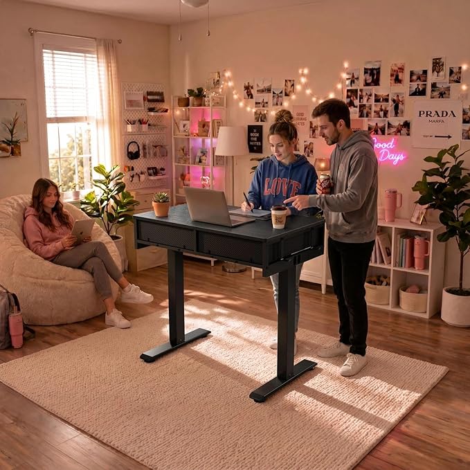 KLUVIS Black Sit Stand Desk with Drawers, 32 Inch Electric Standing Desk with Storage, Small Space Stand Up Computer Desks for Home Office Bedroom, Study Writing Desks for Walking Pad