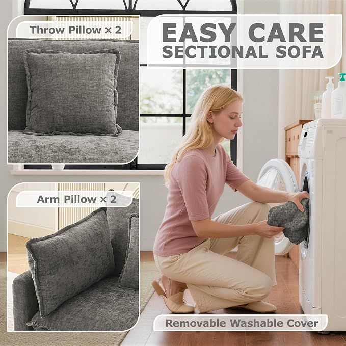 78" Modular Sectional Sofa, Cloud Couch Loveseat Sofa, Deep Seat Washable Chenille Fabric Sofa with Throw Pillows, 2 Seat Modern Couches for Living Room Bedroom Apartment, Grey