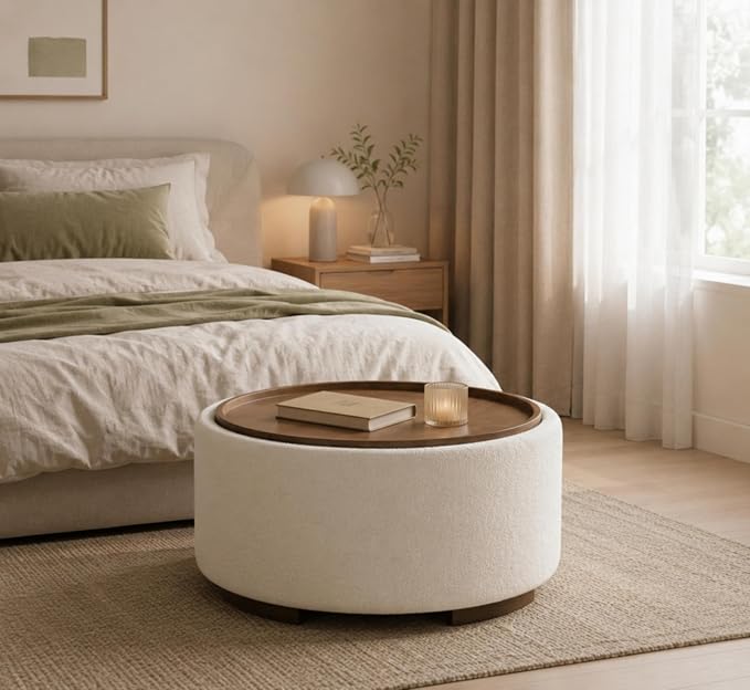 29.5 Inch Round Storage Ottoman Coffee Table,Modern Circle Coffee Table with Storage with Removable Lid Top and Solid Wood Legs,Large Round Ottoman for Bedroom,Living Room,Teddy Fleece,Beige