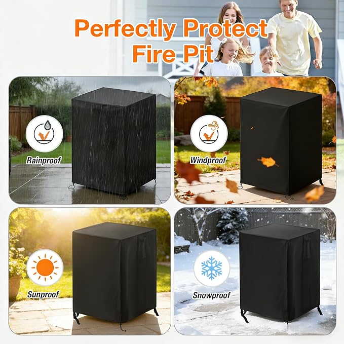 POMER Fire Column Cover,21inch Square Firepit Cover for Patio Fire Column Waterproof Outdoor Fireplace- 21"Lx21"Wx35"H