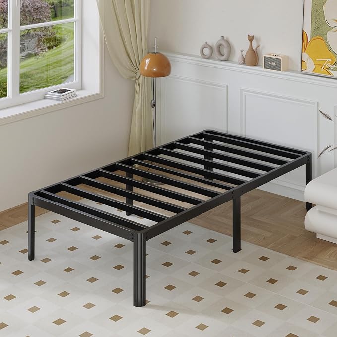 Yicensen 14 Inch Twin Bed Frames Rounded Corner Legs Heavy Duty Platform Twin Metal Bed Frame for Kids, Easy Assembly, Noise Free, No Box Spring Needed, Black.