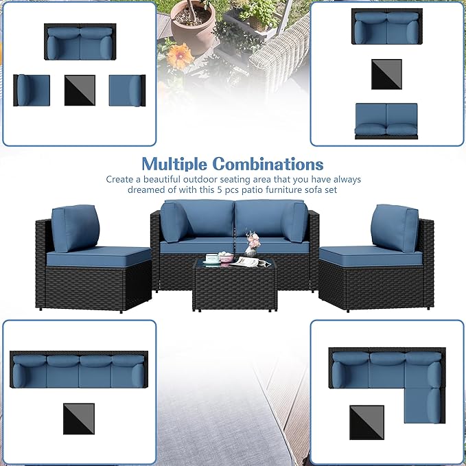 5 Piece Outdoor Patio Furniture Set,Black PE Rattan Wicker Sectional Sofa, All Weather Conversation Set with Washable Cushions & Glass Coffee Table for Backyard Poolside Garden Porch,Navy Blue