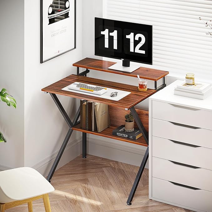 ODK Small Desk, 27.5 Inch Computer Desk for Small Spaces, Study Desk with Storage & Monitor Stand, Deep Brown