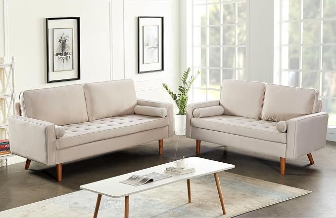 Container Furniture Direct Womble 70 Inch Velvet Sofa with Elegant Button Tufted Upholstery, Square Arms, Splayed Wood Legs, Includes Matching Bolster Pillows, Beige