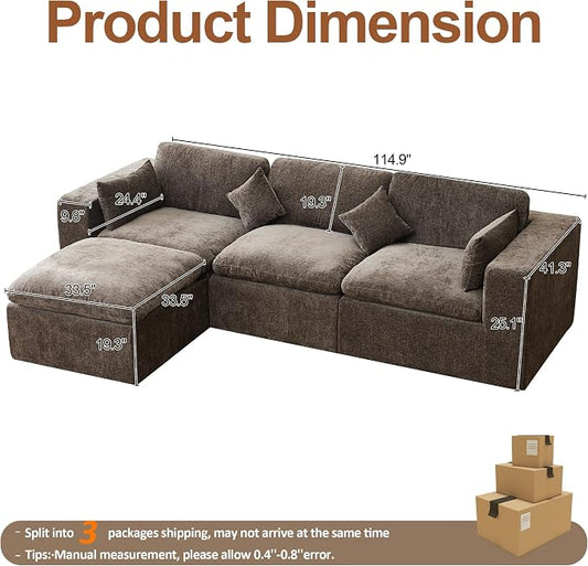 115''Cloud Boneless Sectional Couch, Modular Sectional Sofa Deep Seat with Ottoman, Oversized Upholstered Convertible Comfy 4 Seater Chenille Sofa L Shape Couches for Living Room, Brown