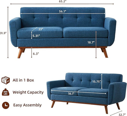 Kingfun 65.2" W Loveseat Sofa, Mid Century Modern Decor Love Seat Couches for Living Room, Button Tufted Upholstered Furniture, Solid & Easy to Install Small Couch for Bedroom Office Apartment, Blue