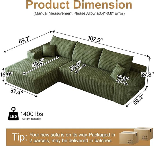 AUGOP 108" Sectional Couches for Living Room Modern Modular Sofa with L-Shape Couchs Upholstered Boneless Couch Deep Seat Sectional Couch with Chaise (Green, Left Facing Chaise+2Seaters)