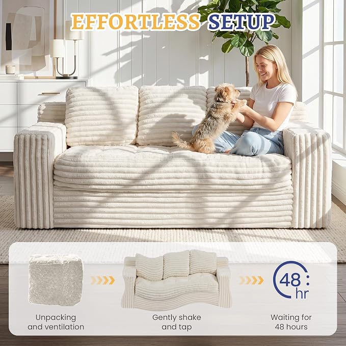 Boneless Couch, Cloud Loveseat Sofa Corduroy Couch in a Box, Upholstered Boneless 3 Seater Couch for Living Room Bedroom Office Apartment, No Assembly Required, Beige