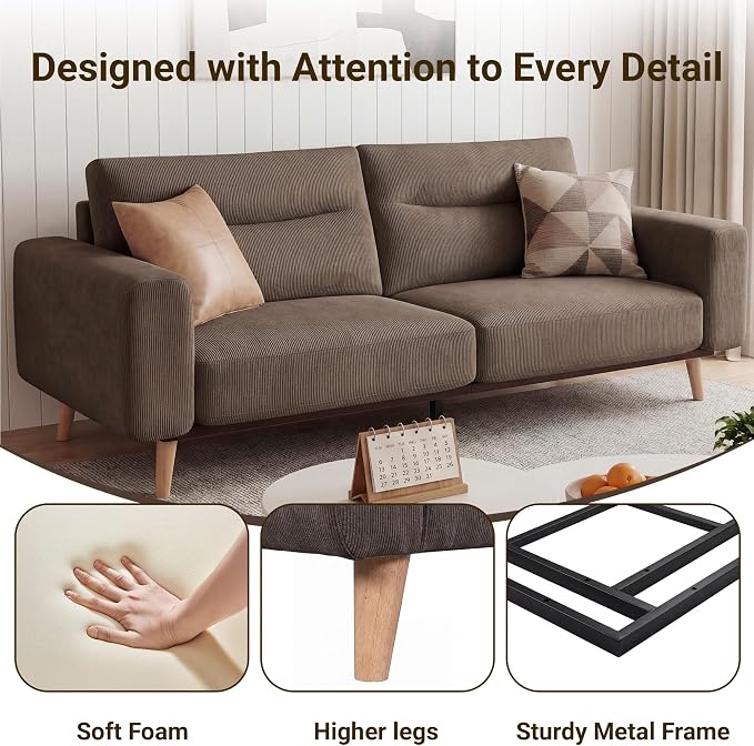 Claiks 81" Oversized Loveseat Sofa, Mid Century Modern Couch for Living Room, Bedroom & Apartment, Corduroy Upholstered 2-3 Seater Sofa with Sturdy Metal Frame, Easy Assembly, Brown