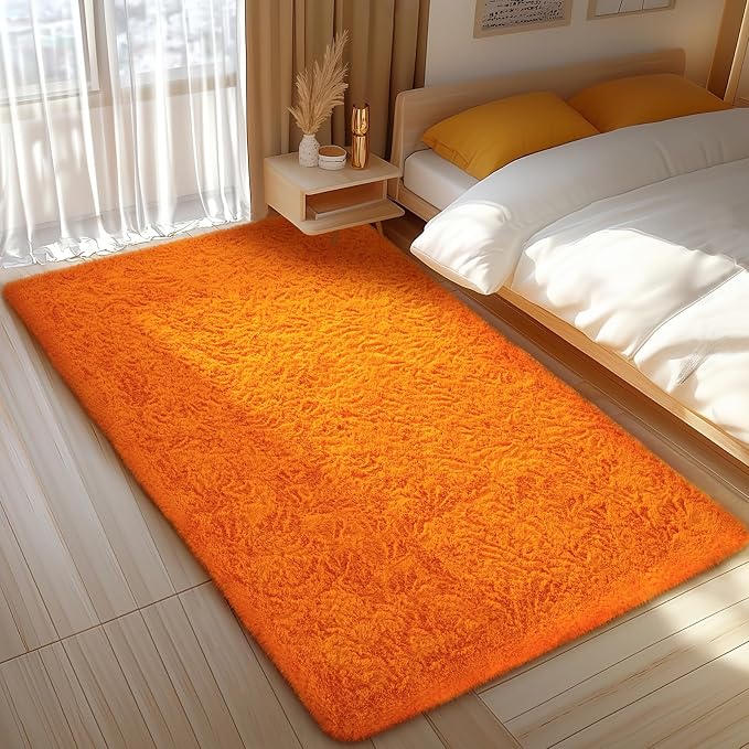 Ophanie Orange Fall Rugs for Bedroom Living Room,Fluffy Fuzzy Furry Carpet,Plush Soft Shaggy Bedside Indoor Floor 4x6 Area Rug for Kids Girls Boys Baby Teen Dorm Decor with Over 99 pcs Pile fibers