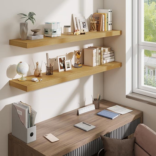 Fun Memories 55 Inch Fireplace Mantel Shelf, 10 Inch Deep Shelves for Display & Wall Storage, Rustic Wood Wall Shelf, Extra Long Floating Shelves for Living Room Laundry Room, Oak, Set of 2