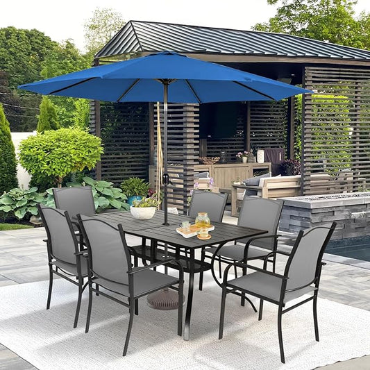 SUNCROWN 8 Pieces Outdoor Dining Set, Patio Furniture Set with 6 Textilene Dinning Chairs, 1 Rectangle Metal Table and 1 Dark Blue 9Ft Patio Umbrella for Garden Backyard Lawn Deck, Grey