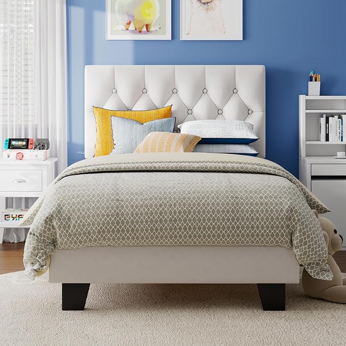 Einhomn Twin Upholstered Bed Frame with Headboard, Button Tufted Linen Bed Base, Platform Bed with Wood Slat, Heavy Duty, Easy Assembly, No Box Spring Needed, White