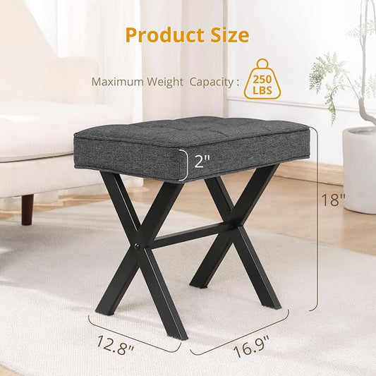 LUE BONA Vanity Stool, Square Linen Makeup Stool with Metal X Legs, Small Ottoman Stool Chair for Vanity, Modern Padded Vanity Seat Foot Rest Stool for Makeup Room, Living Room, Bathroom, Carbon Gray