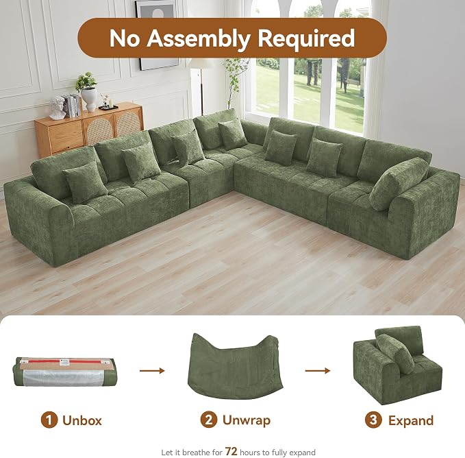 140''Modular Sectional Couches for Living Room, Cloud Boneless Compressed Sectional Sofa, Oversized L Shaped 7 Seater Upholstered Memory Foam Sofa, No Assembly, Chenille Green