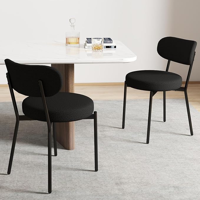 KROFEM Set of 2 Boucle Fabric Dining Chairs,Black | Mid-Century Style Comfort Sponge Filled Seat Back Dining Room Chairs for Kitchen Dining Table