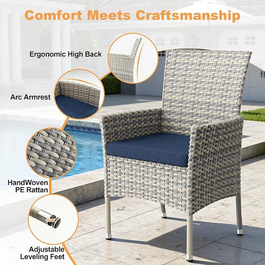 5-Piece Patio Dining Set, Patio Furniture Set with Square Tempered Glass Table & 4 Wicker Chairs, Expandable Design for Larger Groups, Outdoor Furniture for Backyard, Deck, Garden, Navy Blue