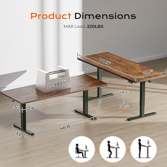 Huuger 71 x 30 Large Electric Standing Desk, Height Adjustable Computer Desk, 29.5" Deep Desktop, Stand up Gaming Office Table with 2 Hooks, 3 Preset Heights, for Home Office, Rustic Brown