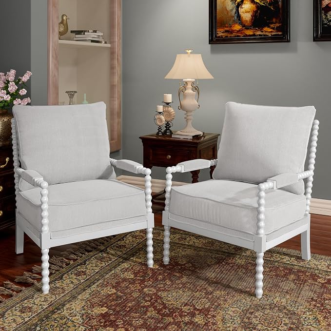 Morden Fort Linen Fabric Spindle Accent Chairs Set of 2, French Style Chairs with High Resilience Spring Cushion and Armrest Pads, Leisure Armchair for Living Room Bedroom Farmhouse Office Balcony