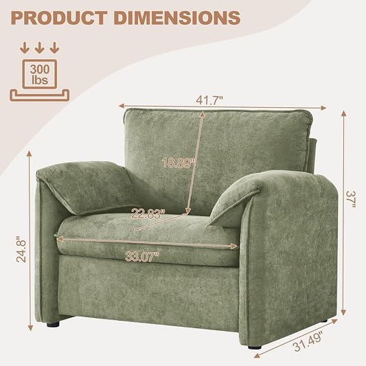 Oversized Accent Chair for Living Room, 41.73" Large Modern Armchair with Deep Seat, Mid-Century Comfy Reading Chair with Padded Arms, Chenille Single Sofa Chairs for Bedroom, Green