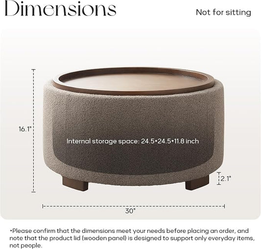 Zihanhome 30 Inch Round Storage Ottoman Coffee Table, Modern Boucle Ottoman with Lift-Off Lid and Solid Wood Legs for Living Room, Bedroom, Corners, Apartments (Brown)