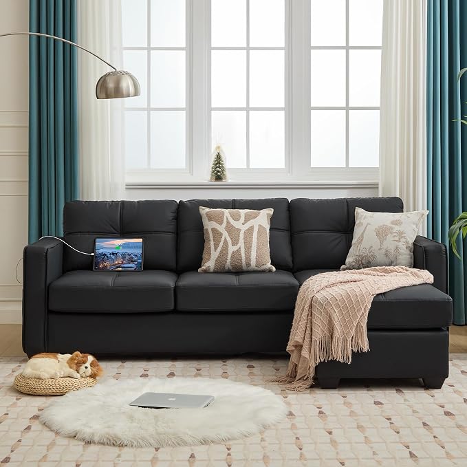 TYBOATLE Black Sectional Couches w/Side Pockets for Living Room, Comfy Faux Leather Modular Convertible L Shaped Sofas with USB & Ottoman, Leather Sectional for RV Apartment Office